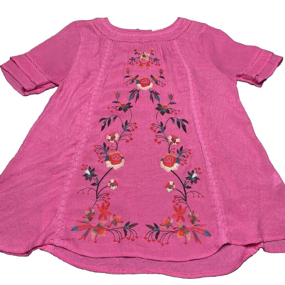 Umgee Embroidered Crochet Floral Blouse Short Sleeve Boat Neck Top Womens S Pink